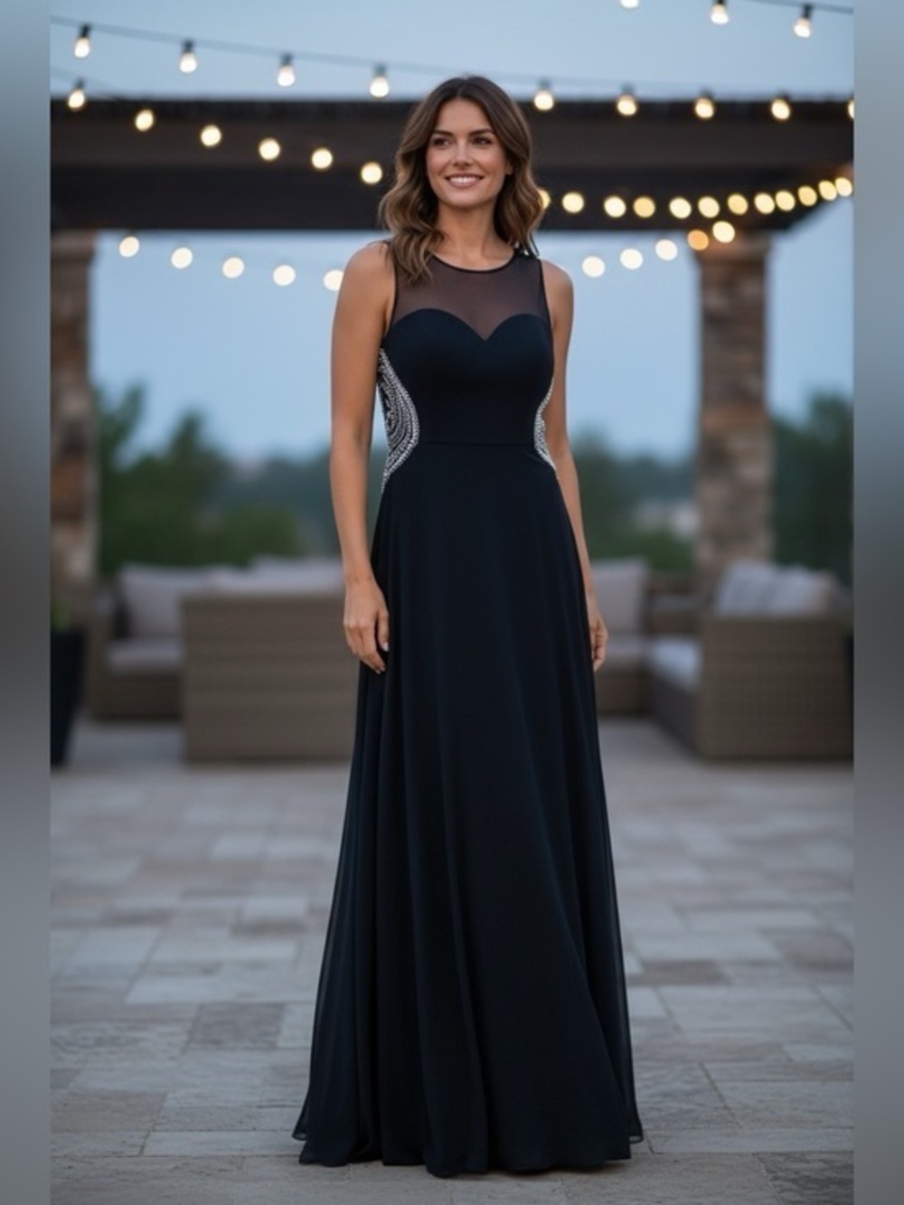 🫶🏻 Windsor Elegant Navy Sleeveless Gown w/Sheer Yoke Pearl Rhinestone Back Drop